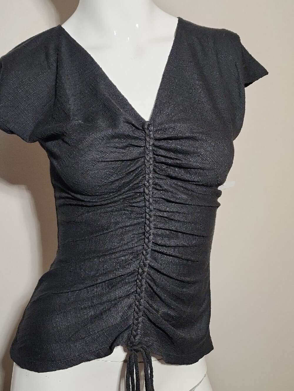 Max Studio Black Ruched V-Neck Drawstring Top - Picture 5 of 7